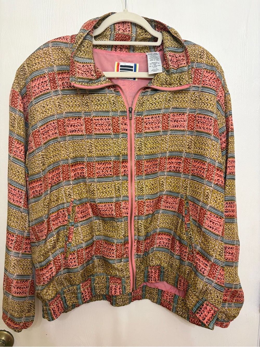 1980s vintage 100% silk bomber jacket in Pink and Olive